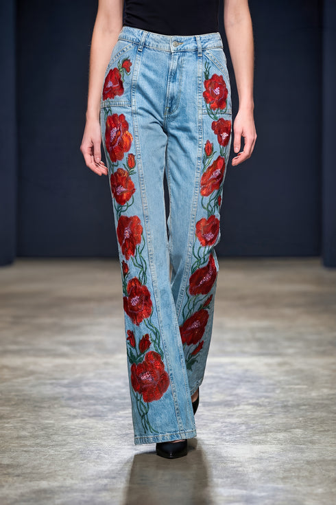 Pantalon denim cu flori pictate manual LP154