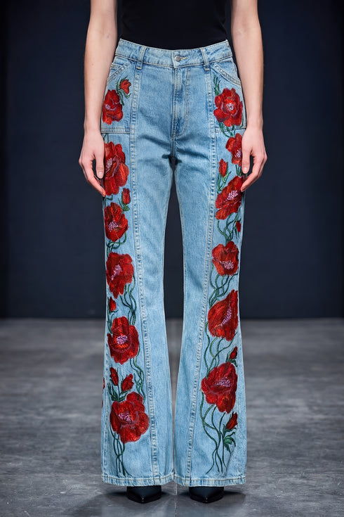 Pantalon denim cu flori pictate manual LP154