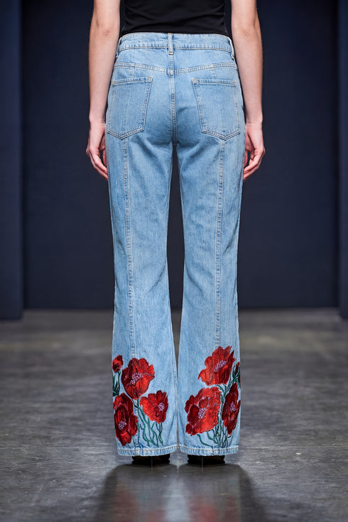 Pantalon denim cu flori pictate manual LP154