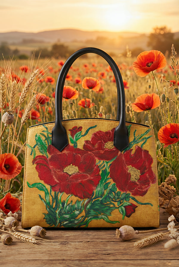 Poșetă din Piele și Textile cu Flori Pictate Manual | LP170