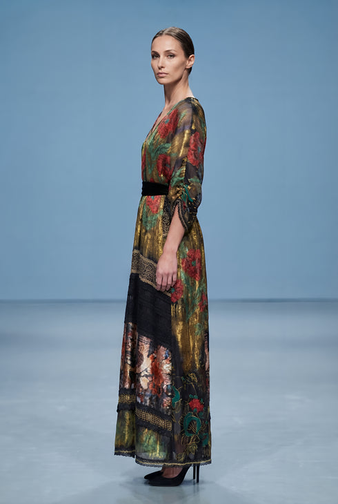 Rochie Voal Natural Pictat Manual cu Dantela si Cordon din Catifea | LP175