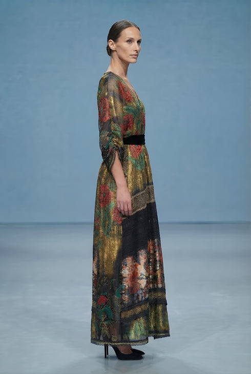 Rochie Voal Natural Pictat Manual cu Dantela si Cordon din Catifea | LP175