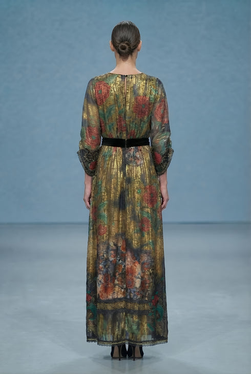 Rochie Voal Natural Pictat Manual cu Dantela si Cordon din Catifea | LP175