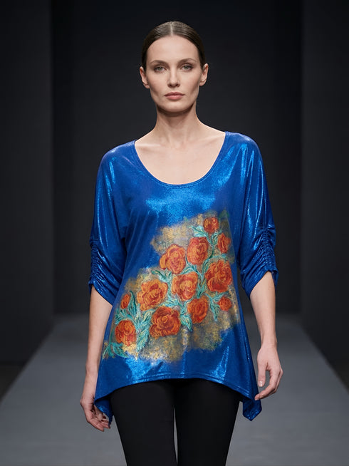 Bluza Vascoza Pictata Manual cu Trandafiri Aramii si Croiala Asimetrica | LP172