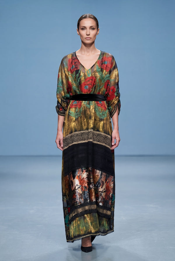 Rochie Voal Natural Pictat Manual cu Dantela si Cordon din Catifea | LP175