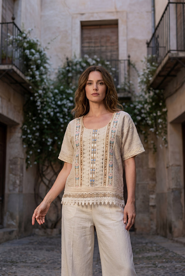 Bluză de in cu dantelă și broderie – LP224R