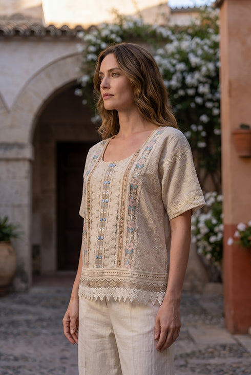 Bluză de in cu dantelă și broderie – LP224R