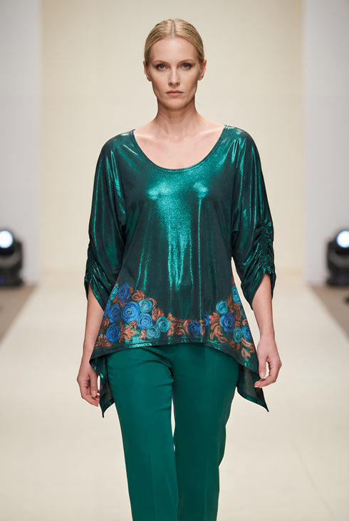 Bluza Jerse Metalizat cu Trandafiri Pictati Manual si Maneca Chimonou | LP175