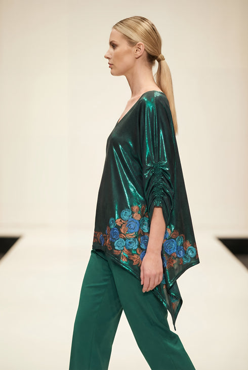 Bluza Jerse Metalizat cu Trandafiri Pictati Manual si Maneca Chimonou | LP175