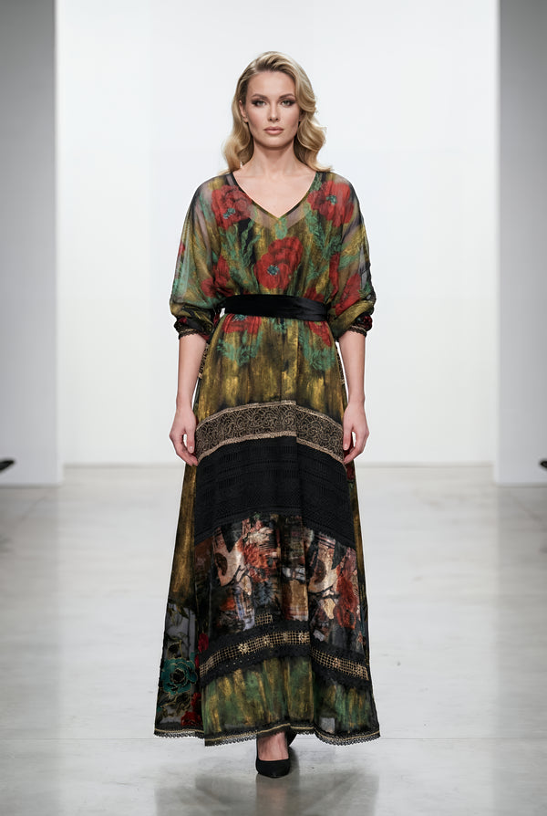 Rochie Voal Natural Pictat Manual cu Dantela si Cordon din Catifea | LP175