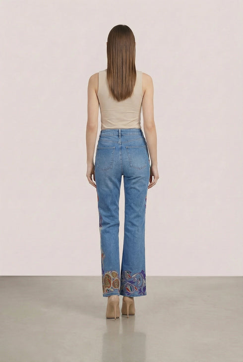 Pantalon Denim Pictat Manual cu Broderie Florala | LP185