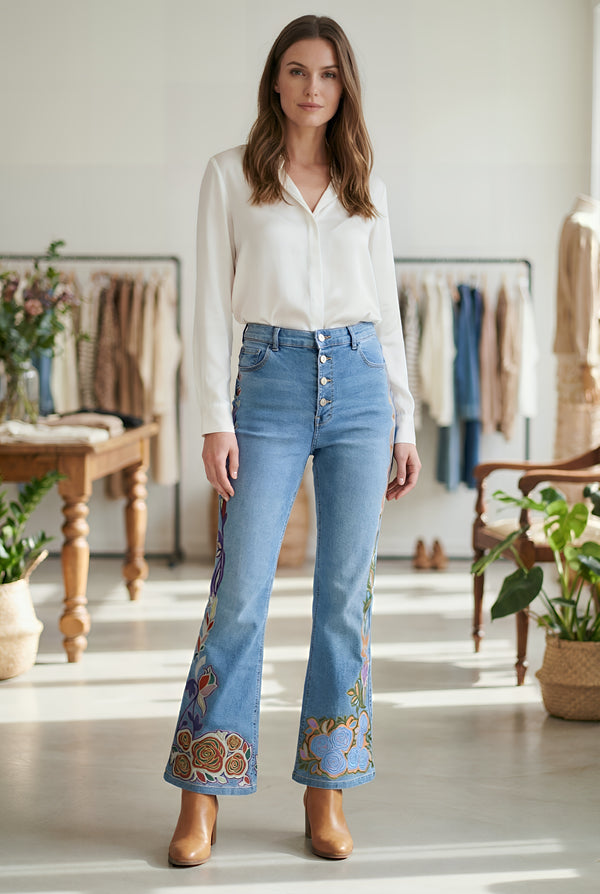 Pantalon Dinamita Denim Pictat Manual cu Broderie Florala | LP185