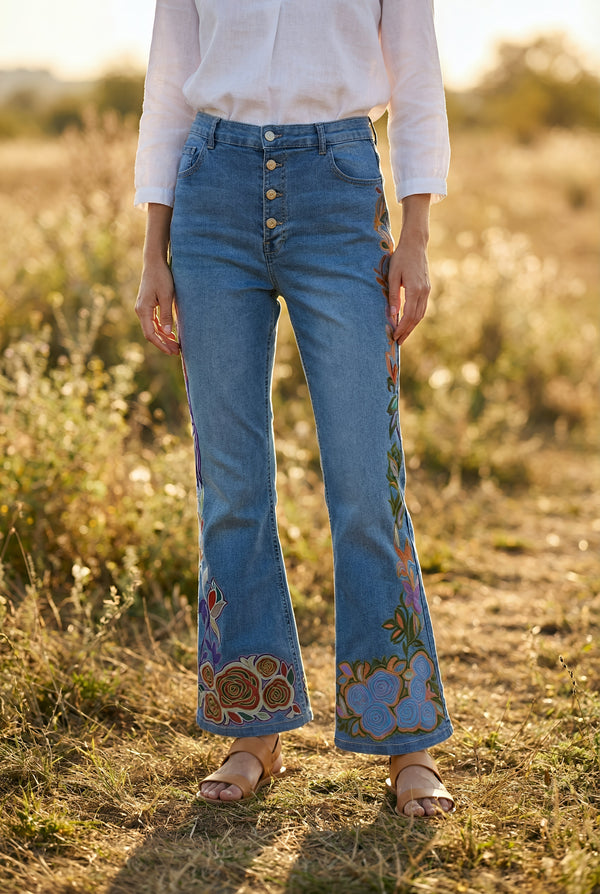 Pantalon Denim Pictat Manual cu Broderie Florala | LP185