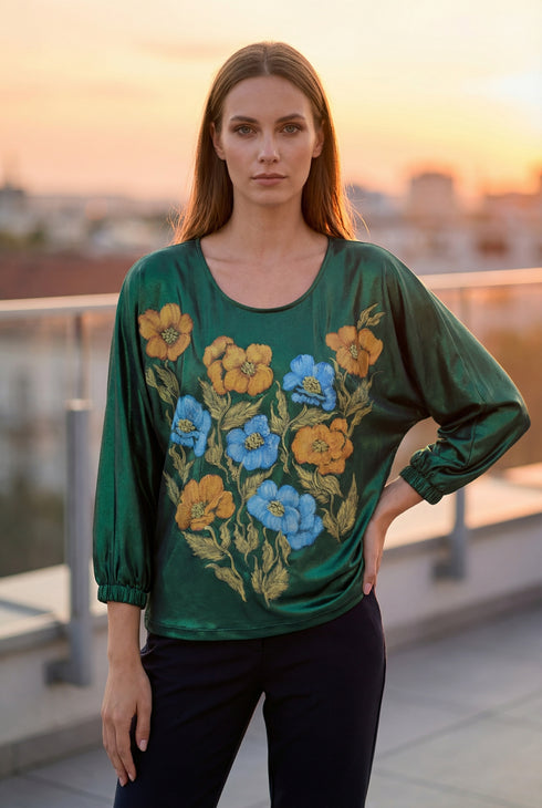 Bluza verde smarald cu flori albastre si galbene — LP191