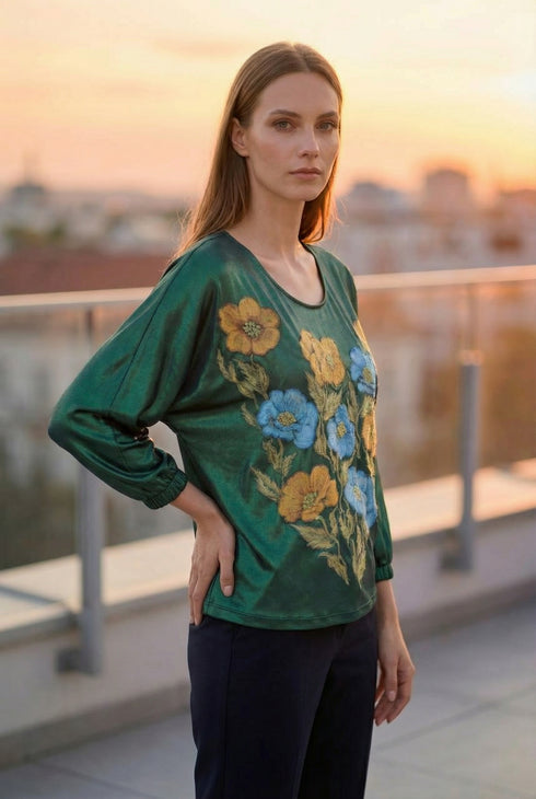 Bluza verde smarald cu flori albastre si galbene — LP191