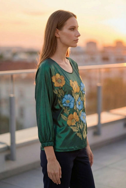 Bluza verde smarald cu flori albastre si galbene — LP191