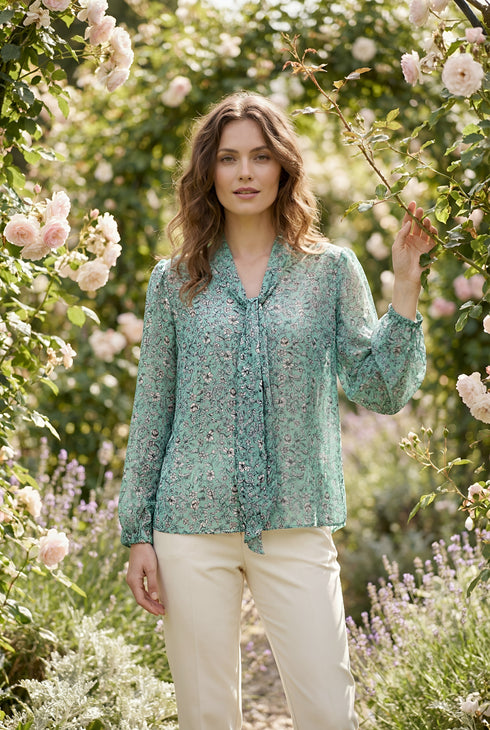 Bluză florală cu guler eșarfă - LP200