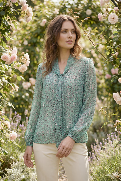 Bluză florală cu guler eșarfă - LP200