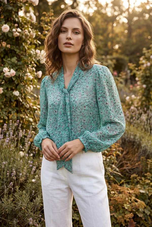 Bluză florală cu guler eșarfă - LP200