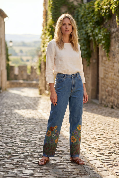Pantaloni denim drepti pictati manual - LP205