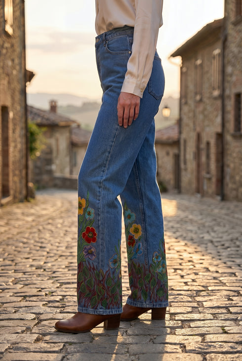 Pantaloni denim drepti pictati manual - LP205
