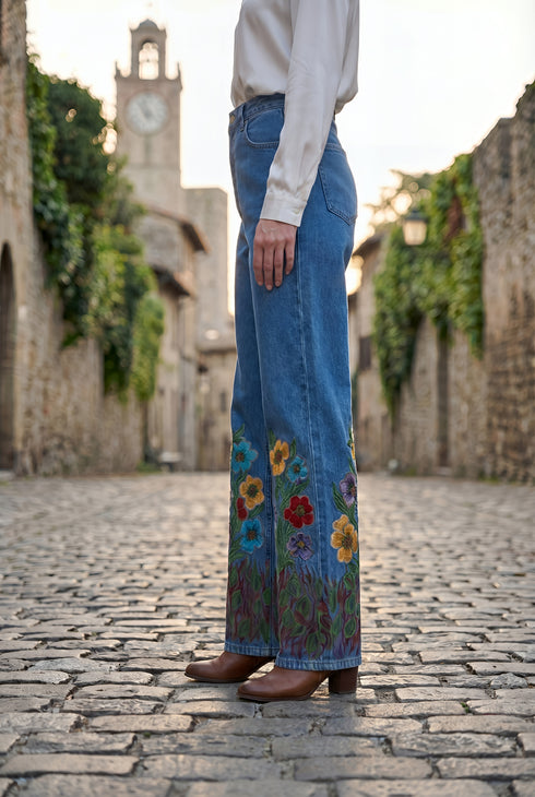 Pantaloni denim drepti pictati manual - LP205