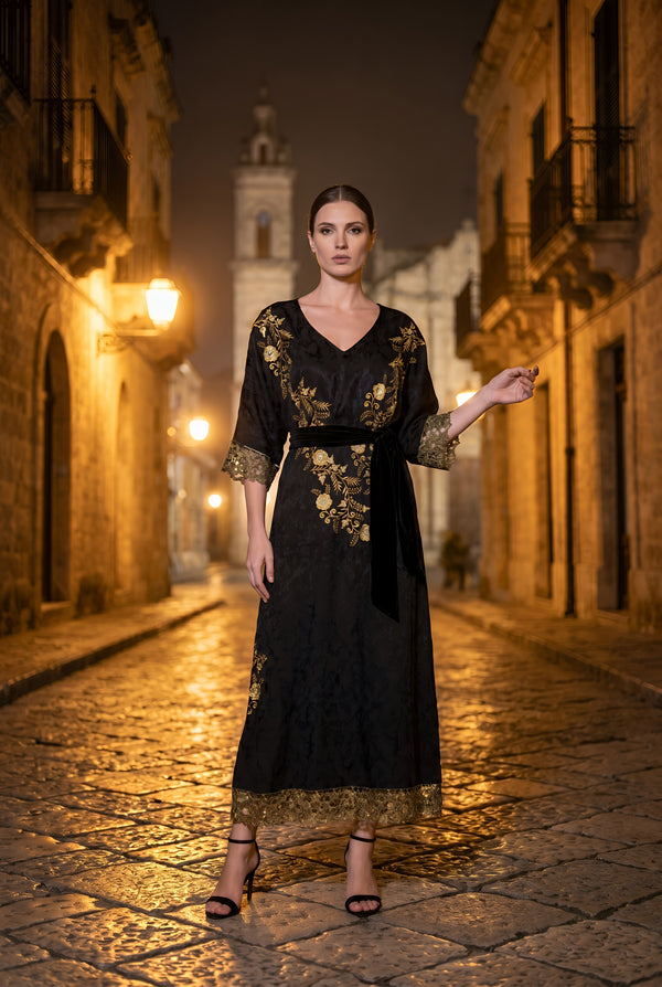 Rochie matase cu broderie aurie - LP212