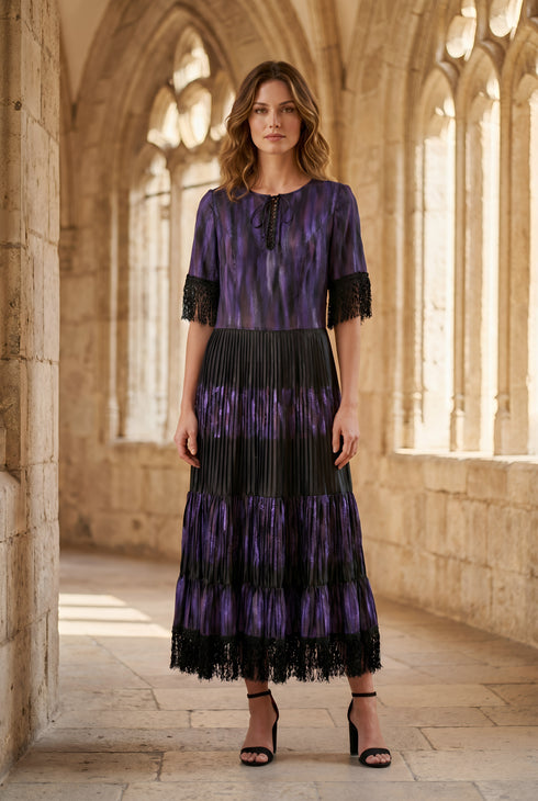 Rochie Satin Plisat Pictată Manual — LP214R