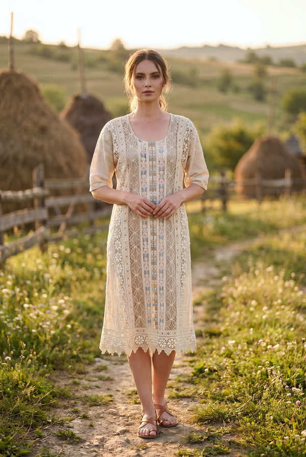 Rochie din in 100% cu dantelă și broderie – LP221R