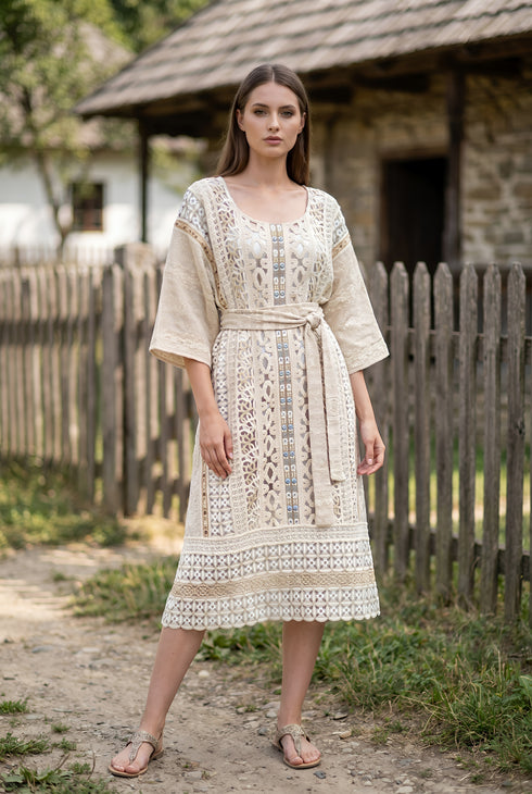 Rochie din In 100% cu Dantelă și Broderie – LP220R