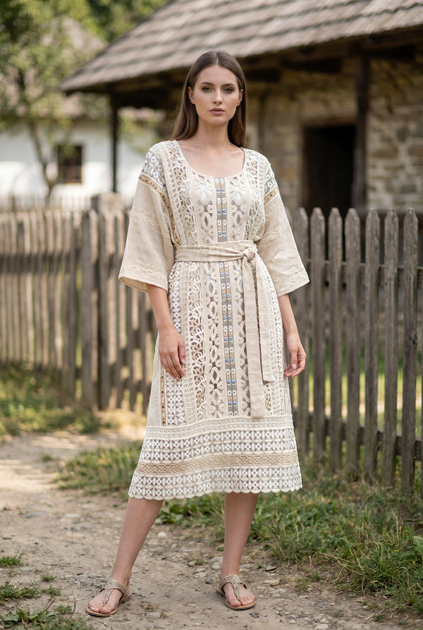 Rochie din In 100% cu Dantelă și Broderie – LP220R