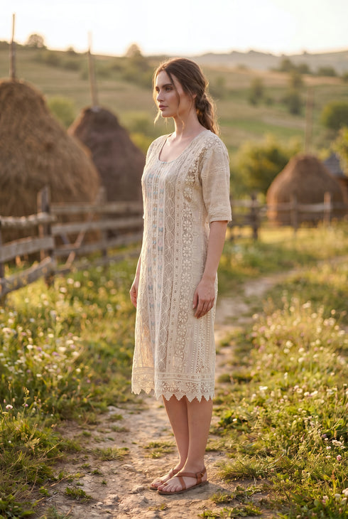 Rochie din in 100% cu dantelă și broderie – LP221R