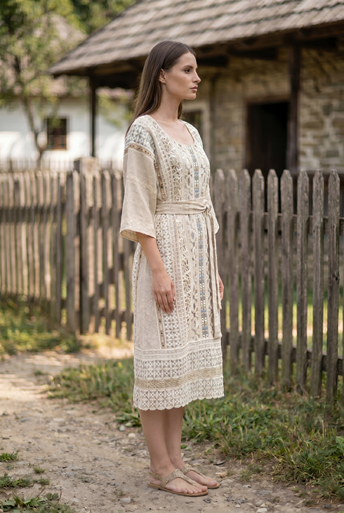Rochie din In 100% cu Dantelă și Broderie – LP220R