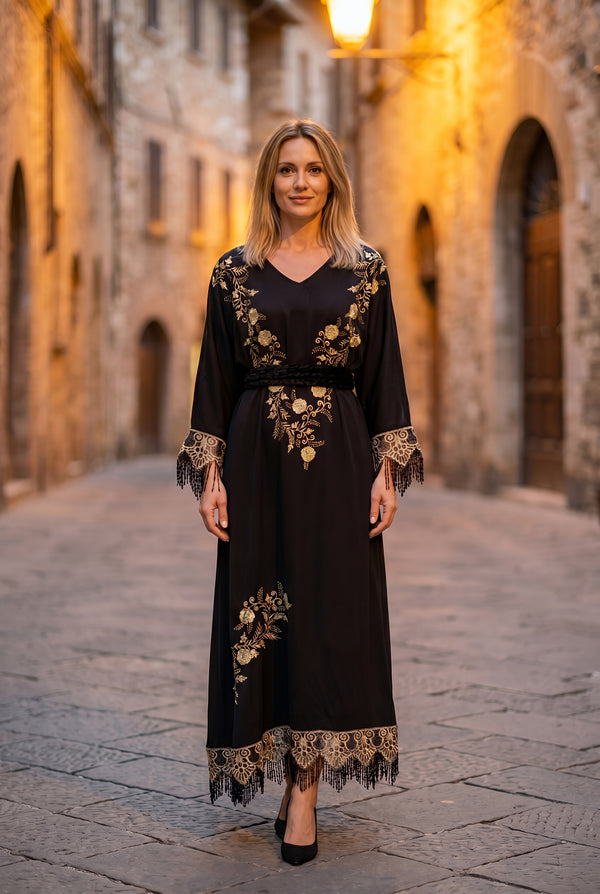 Rochie matase cu broderie aurie - LP212
