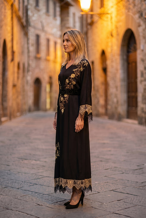 Rochie matase cu broderie aurie - LP212