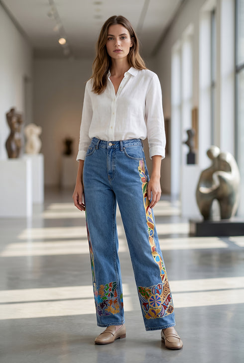 Pantaloni drepți din denim, pictați manual - LP238B