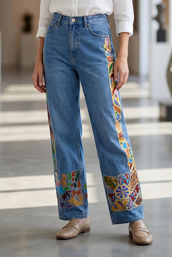 Pantaloni drepți din denim, pictați manual - LP238B