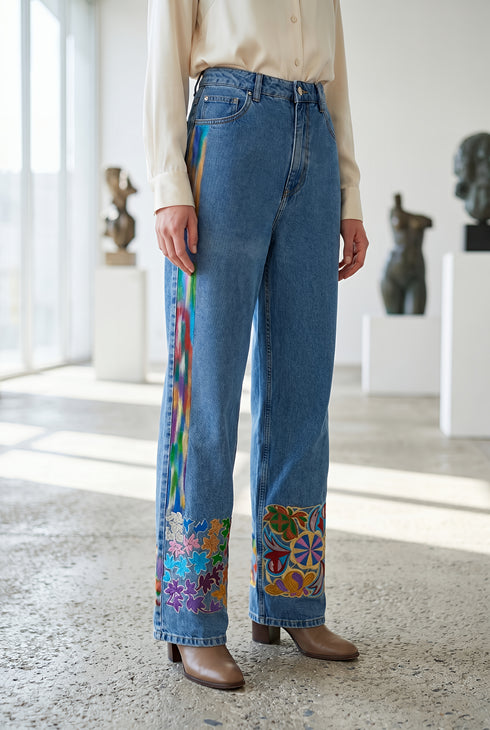 Pantaloni drepți din denim, pictați manual - LP238B