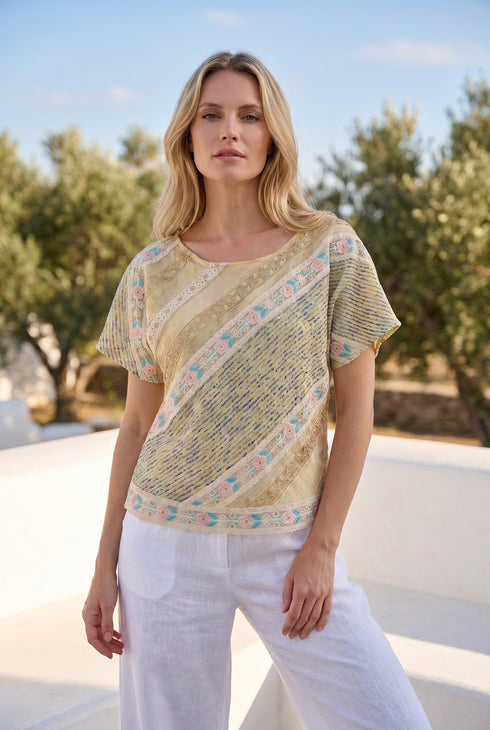 Bluză din in cu dantelă florală aplicată – LP242B