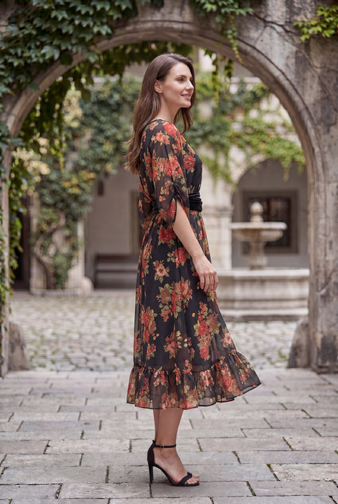 Rochie midi florală neagră, voal cu trandafiri și cordon din catifea LP245R