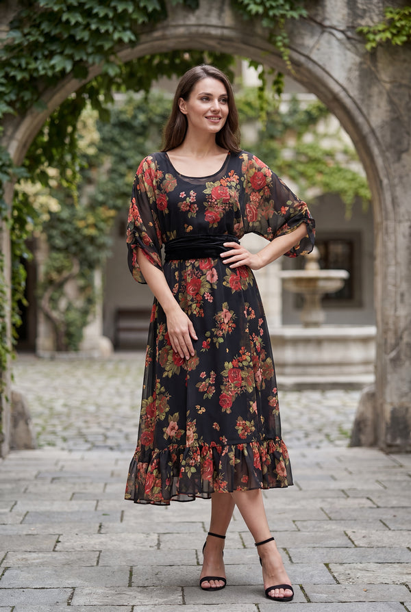 Rochie midi florală neagră, voal cu trandafiri și cordon din catifea LP245R