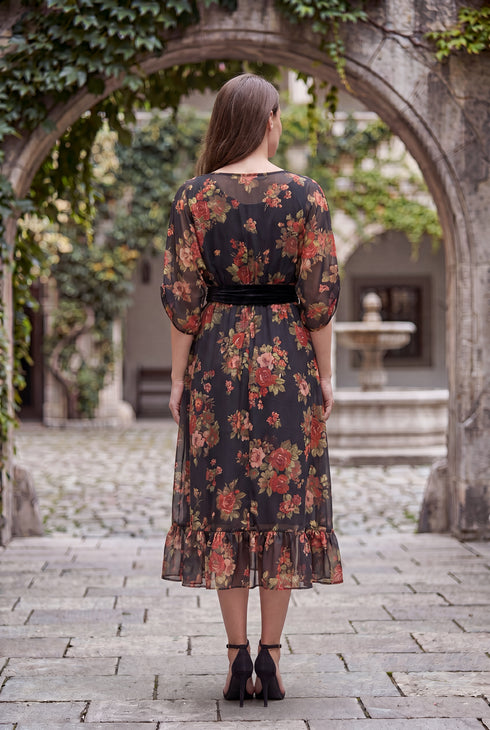 Rochie midi florală neagră, voal cu trandafiri și cordon din catifea LP245R