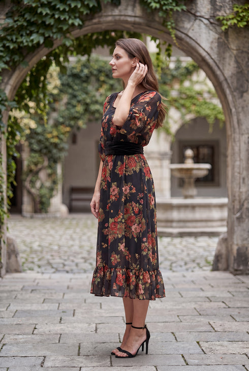 Rochie midi florală neagră, voal cu trandafiri și cordon din catifea LP245R