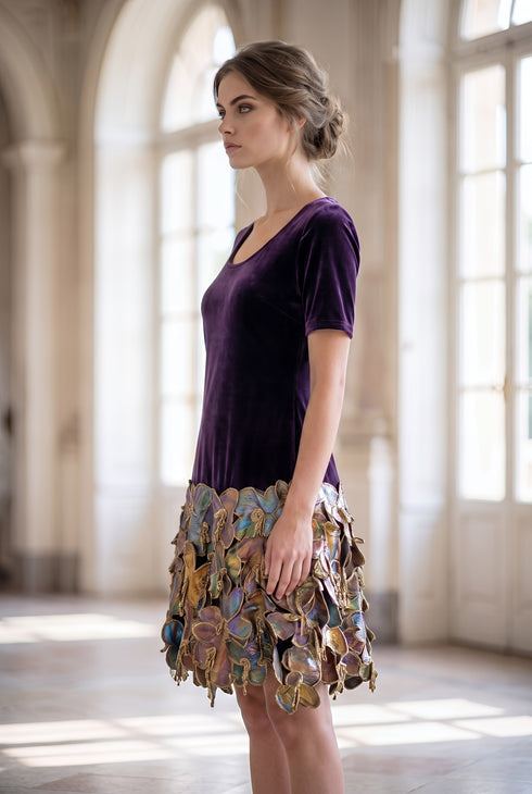 Rochie din Catifea Prună cu Garnitură Florală Pictată Manual – LP253R