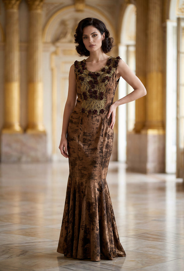 Rochie lungă cu aplicații manuale și trandafiri 3D – LP255R