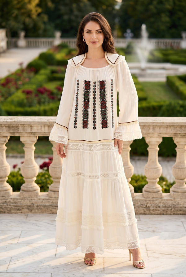 Rochie tip ie brodata cu volane LP272R, alba, din vascoza, vedere din fata
