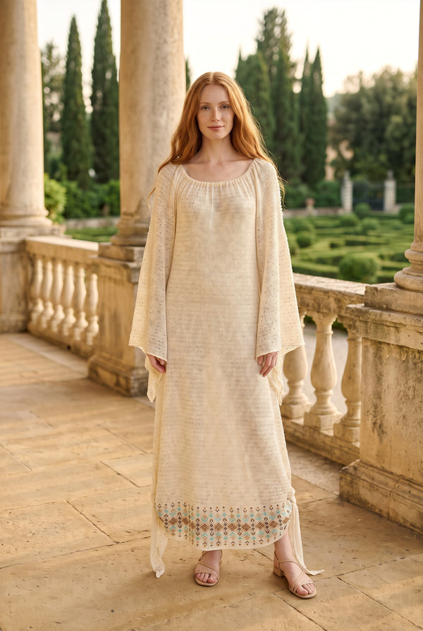 Rochie tip ie din lana cu paiete LP276R, crem, maneci evazate, broderie turcoaz la tiv - fata