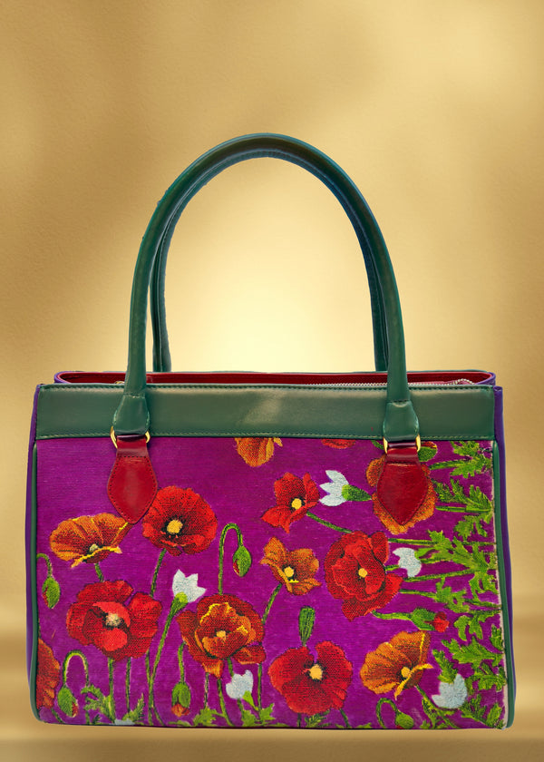 Poseta piele și material textil pictat manual G112