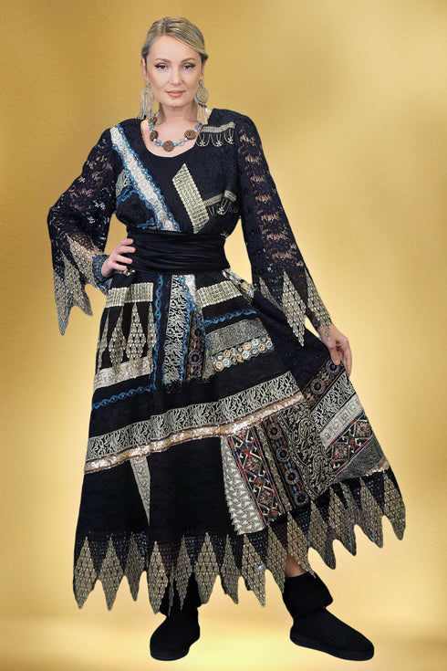 Rochie din dantelă brodată și catifea S27