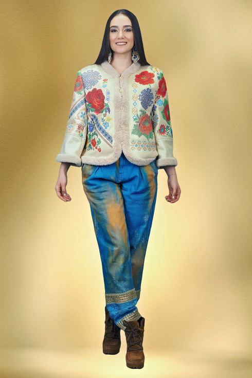 Pantaloni denim pictați și brodați S24